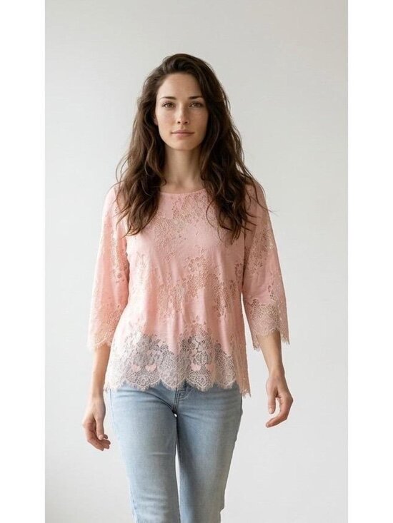 Linea by Louis Dell'Olio Tops - Linea by Louis Dell'Olio Blush Pink Lace Top Size 8 | 3/4 Sleeve Floral Overlay